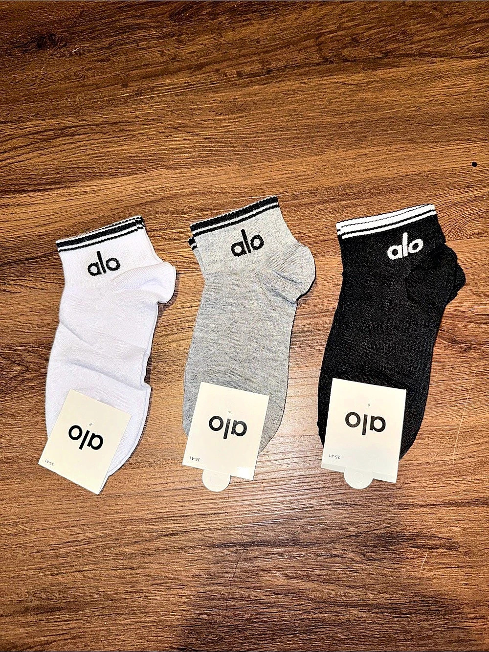 Alo Ankle Socks 3-Pair Set in White, Gray & Black NWT